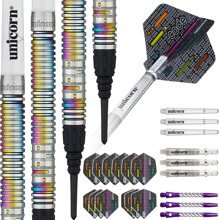 Unicorn Dartpfeile mit weicher Spitze – DNA Professional Spieler Name Morsecode Design – 80% oder 90