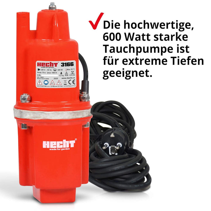 HECHT Tiefbrunnenpumpe – 600 Watt / 230v -240 v – 70 m Förderhöhe – 1400 l/h Fördermenge Wasser – Me