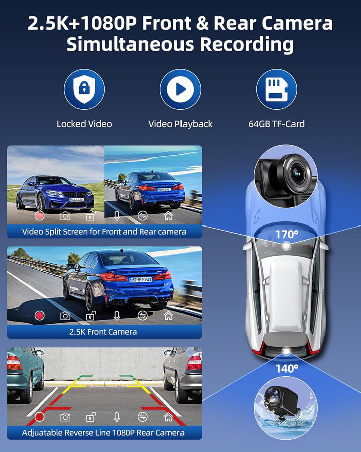 Wireless Carplay Android Auto Display mit 2.5K Dashcam Auto Vorne Hinten 10.26 Zoll Touchscreen Carp