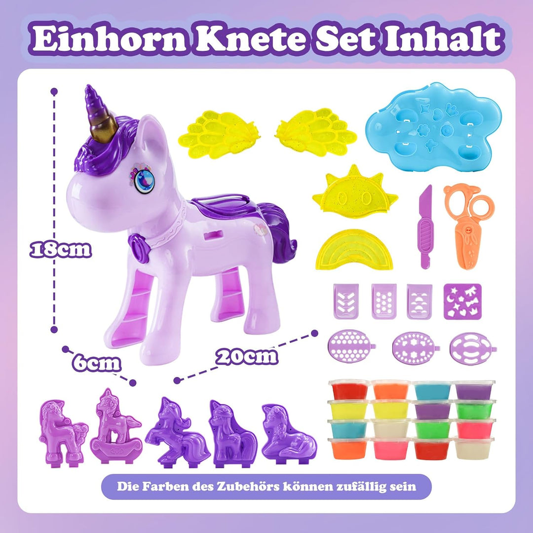 Einhorn Knete Set Kinder 36 Stück mit 16 Dosen Knetmasse, Knetezubehör Einhorn mit Frisur & Formen,