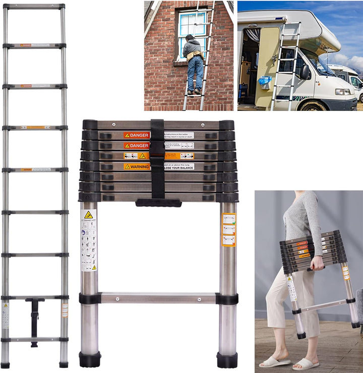 Teleskopleiter, 2,6 m, tragbare Teleskop-Ausziehleiter, Edelstahl, kompakt, für Zuhause, Dachboden,