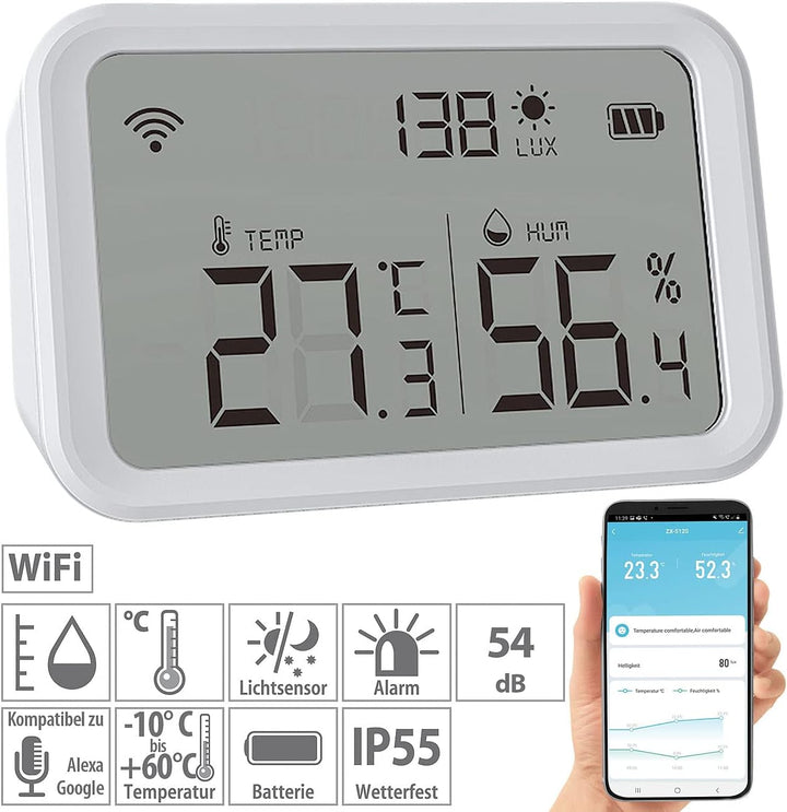 Luminea Home Control Helligkeitssensor: 3in1-WLAN-Sensor für Temperatur, Luftfeuchtigkeit und Hellig