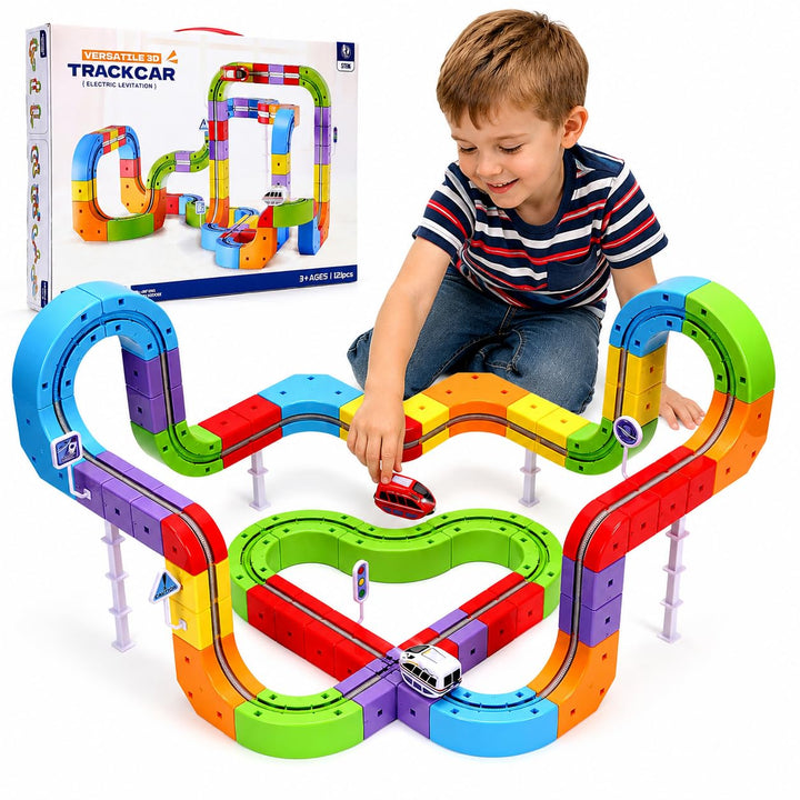 Skirfy Elektrische Eisenbahn Set 215 Teile, DIY Zugstrecken-Baukasten STEM Spielzeug