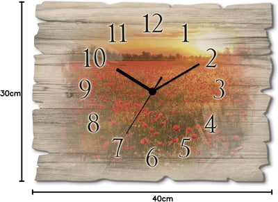 ARTLAND Wanduhr ohne Tickgeräusche aus Holz Funkuhr 40x30 cm Rechteckig Lautlos Mohnblumen Blumen So