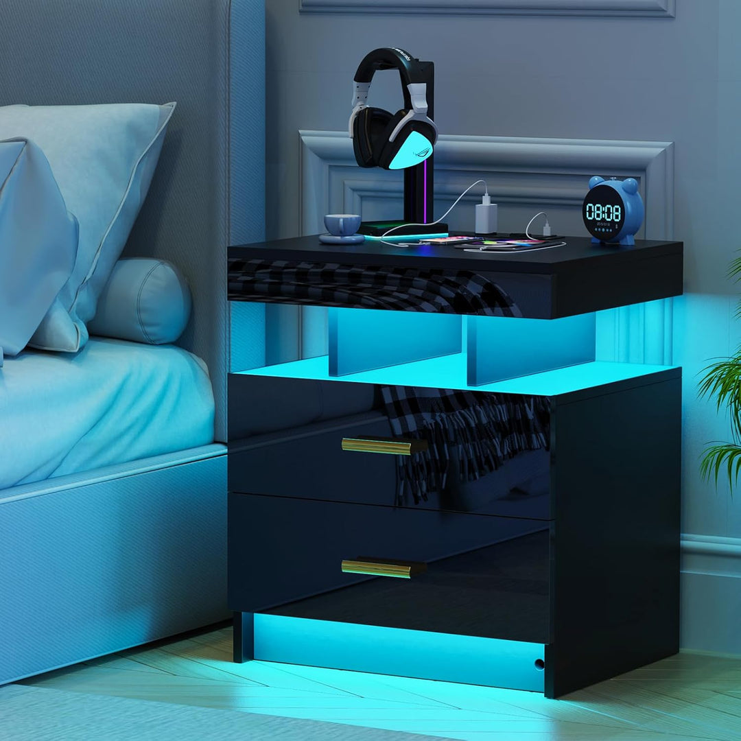 Nachttisch LED mit Steckdose(2 AC-Steckdosen & 2 USB-Anschlüsse), Nachtkommode mit 2 Schubladen und