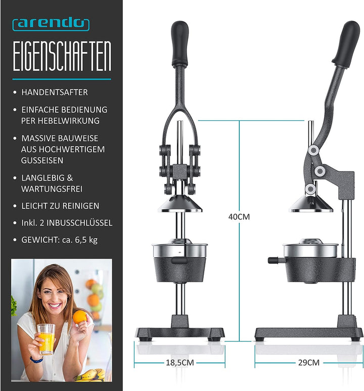 Arendo - Saftpresse - Handentsafter Edelstahl - mechanischer Entsafter – Orangenpresse Zitruspresse