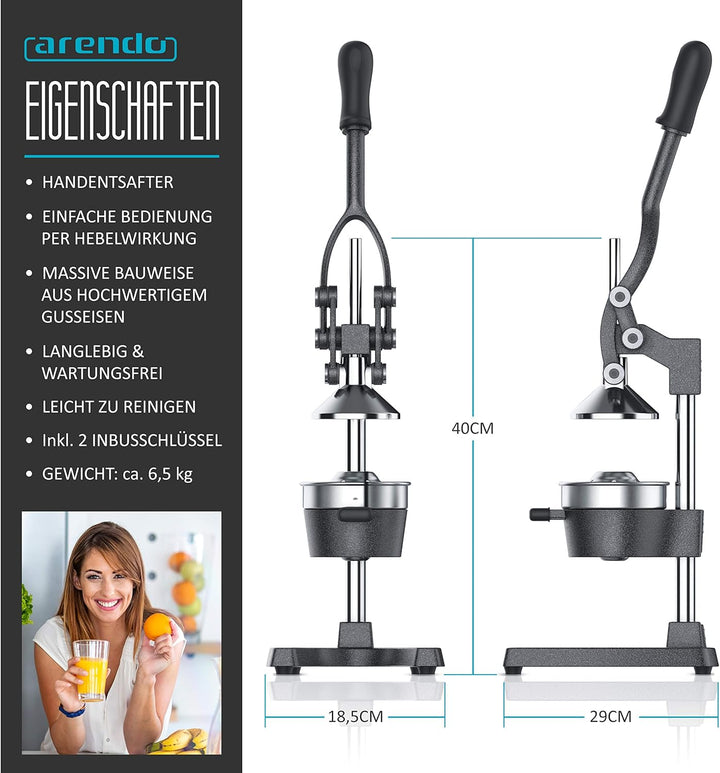 Arendo - Manuelle Saftpresse - Zitruspresse und Orangenpresse - Professioneller Zitrus-Entsafter - E