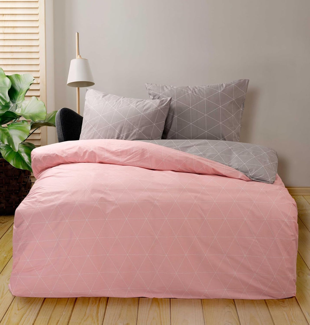 Renforce Bettwäsche 155x220 cm Baumwolle 4tlg Raute Rosa Grau Wendebettwäsche Garnitur Set 155 x 220