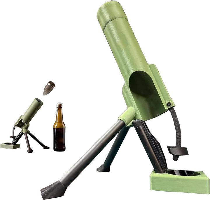 Mörser-Flaschenöffner "Suffkanone" mit automatischem Kronkorken-Auswurf, Drucköffner freihand, für 3