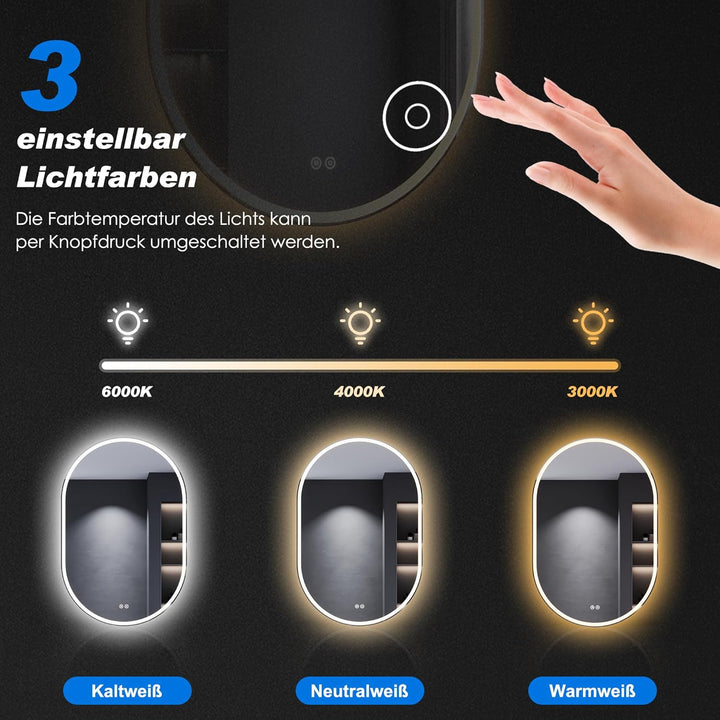 SONNI LED Badspiegel mit Steckdose 90x60 cm, Oval Badezimmerspiegel mit Beleuchtung, Touch-Bedienung