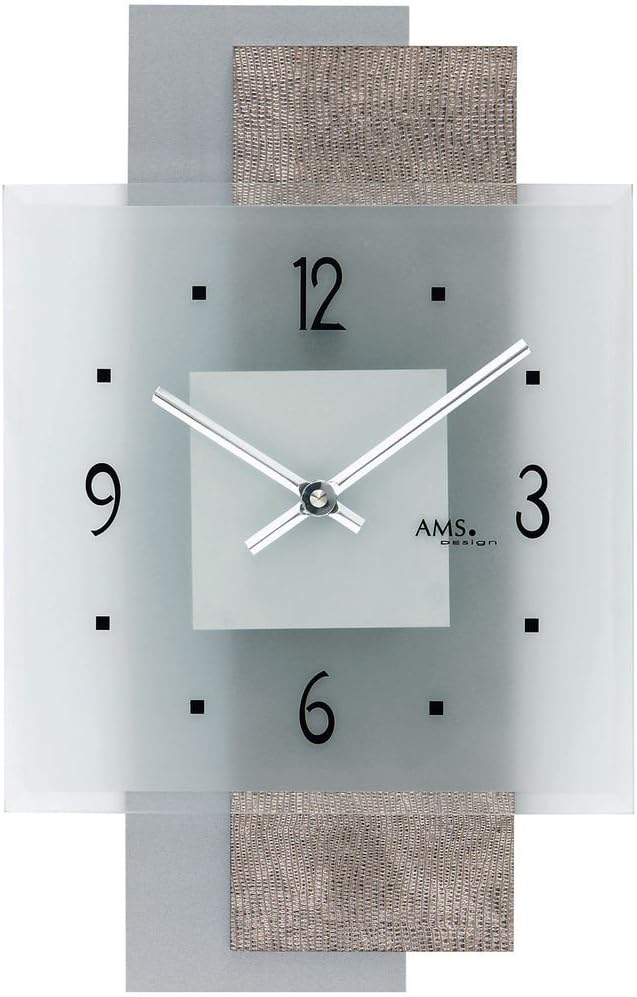 AMS 9443 Quarz Wanduhr Quarzuhr mit Ebenen Design- Kunstleder auf Holzrückwand Mineralglas chromfarb