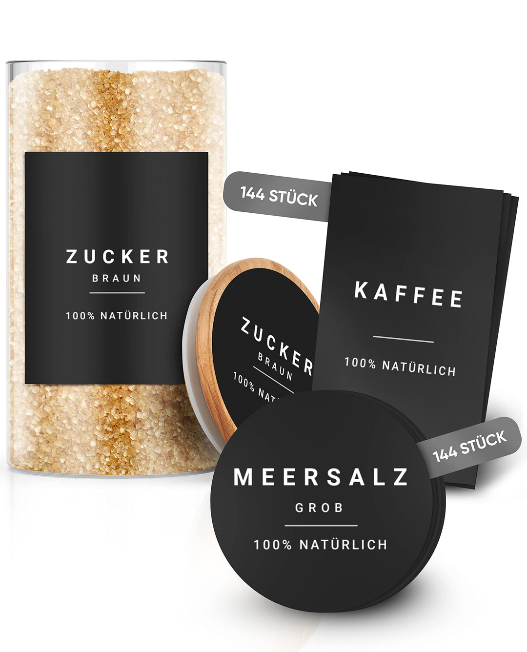 Vorratsetiketten - Küchen XXL Set Schwarz - selbstklebend (288 Stück) - Aufkleber rund minimalistisc
