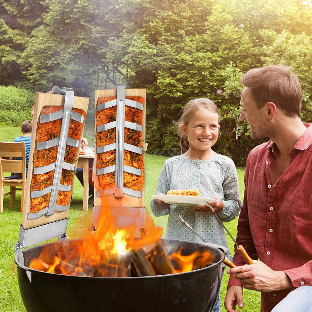 HENGMEI 4er-Set Flammlachsbretter Räucherbrett Flammlachs Brett mit Stabiler Edelstahl-Halterung für