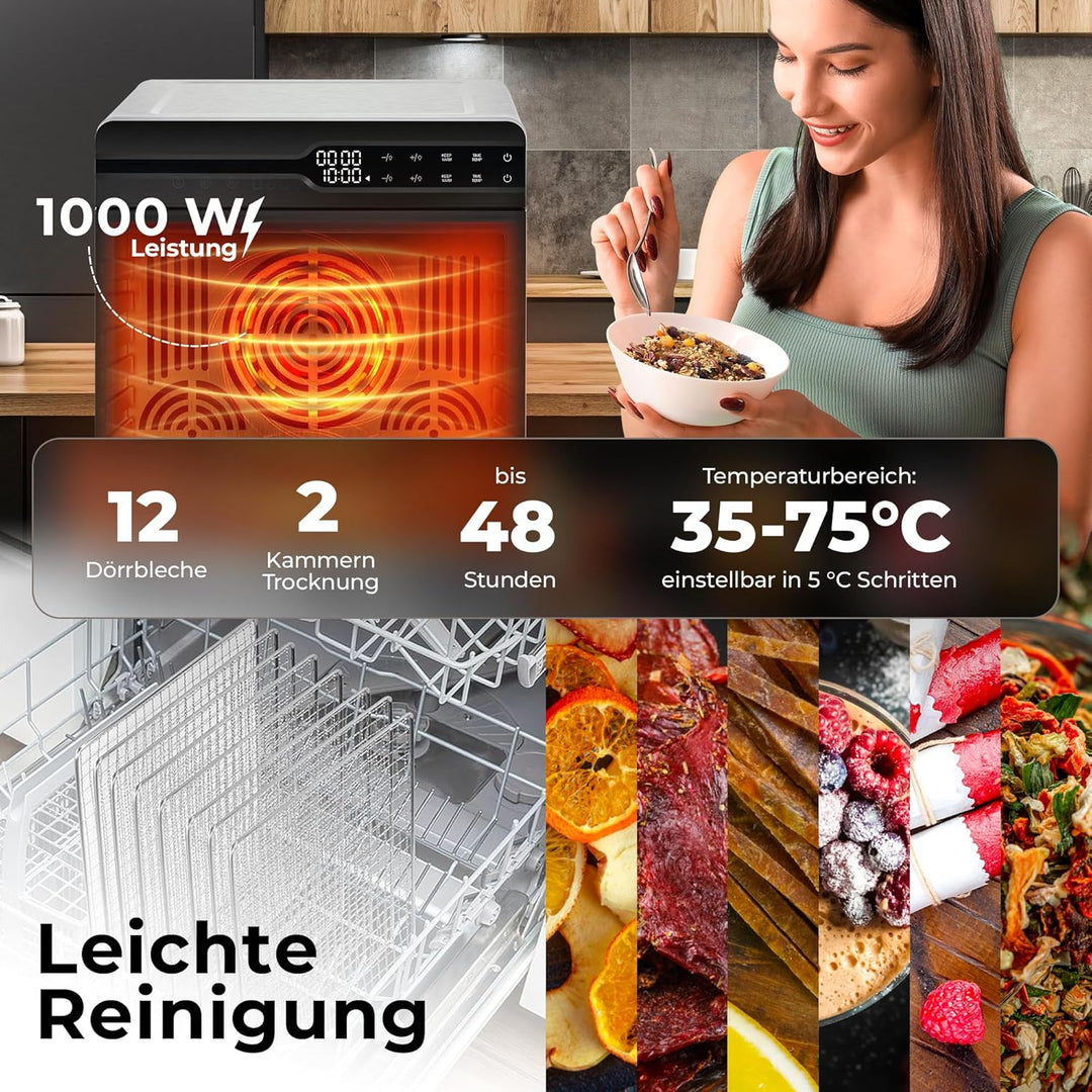 Balter Dörrautomat Edelstahl mit 2 Kammern & 12 Etagen, 1000 W, 8800 cm² Dörrfläche, BPA-frei, 35–75