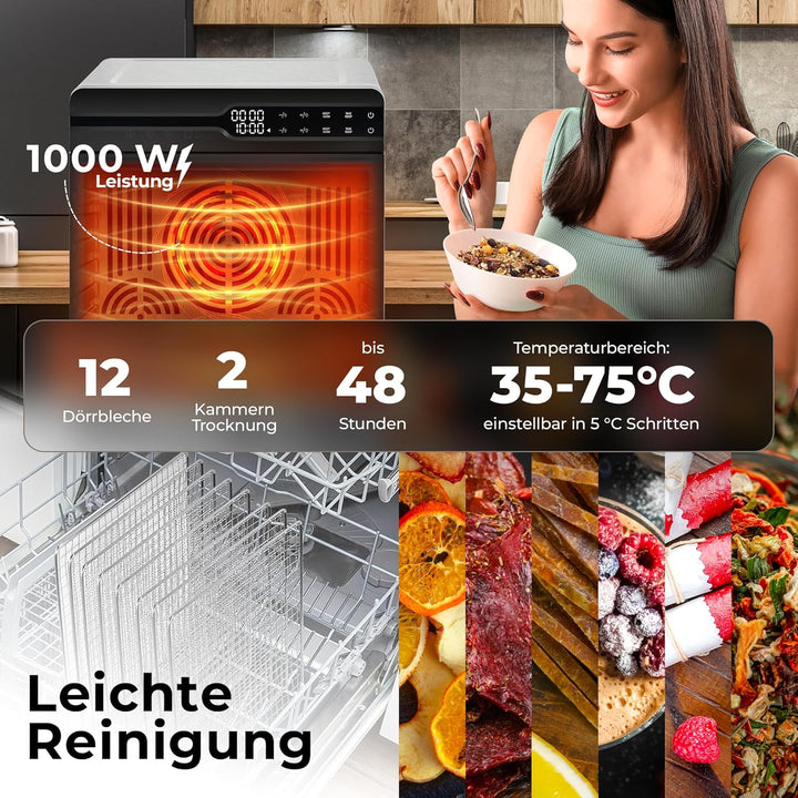 Balter Dörrautomat Edelstahl mit 2 Kammern & 12 Etagen, 1000 W, 8800 cm² Dörrfläche, BPA-frei, 35–75