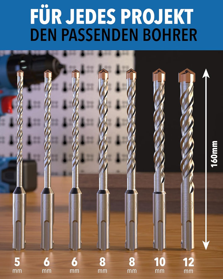 SDS Plus Betonbohrer – 7-teilig inkl. Kassette – Ø 5, 6, 6, 8, 8, 10, 12 mm x 156 mm – Profi Bohrset