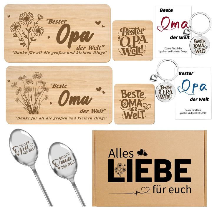 Geschenk für Oma und Opa – 2 Holz-Servierbretter, 2 Holzuntersetzer, 2 Edelstahl-Löffel, 2 Schlüssel