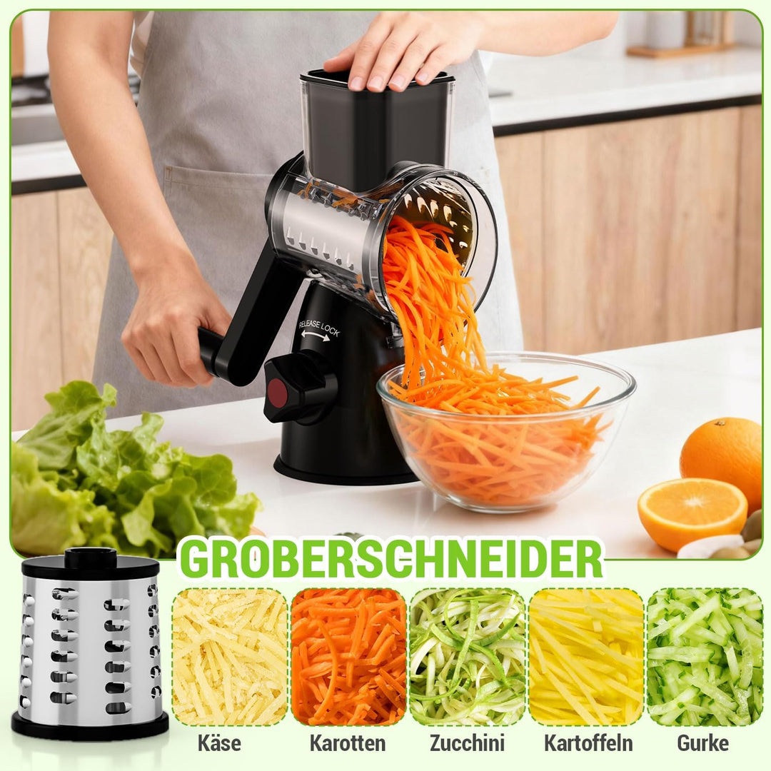 Käsereibe mit Kurbel, Mandoline Gemüsehobel mit 3 Edelstahl Austauschbaren Trommelblättern, Gemüsere