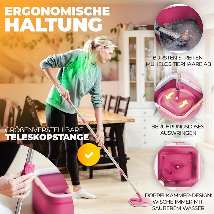 Wischmopp Set mit Eimer, 2-Kammer-System & 2 Mikrofaser-Pads, Flachmopp Bodenwischer mit Edelstahlst