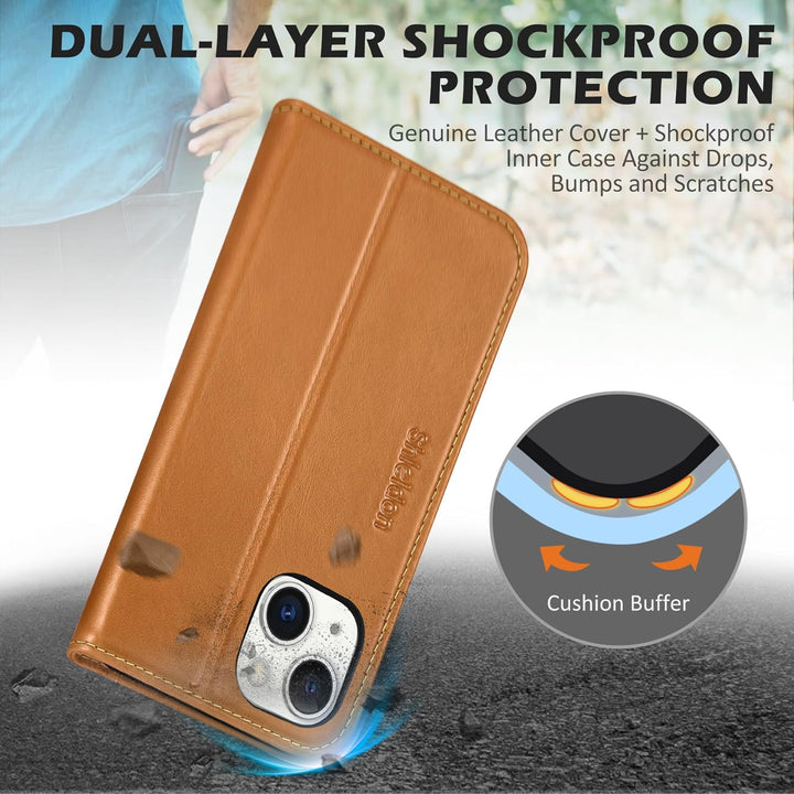 SHIELDON Hülle für iPhone 15, Rindsleder Schutzhülle [Stossfest] [Kartenfach] [Magnetverschluss] [St