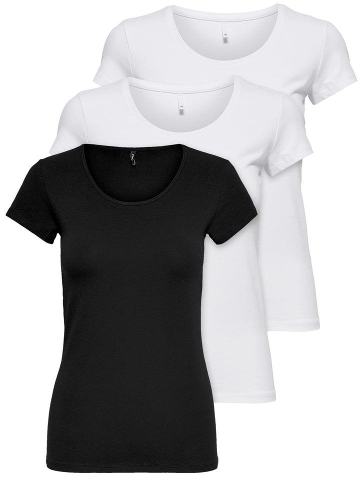 ONLY 3er Pack Damen T-Shirt schwarz oder weiss Kurzarm lang Basic Sommer T-Shirts XS S M L XL 152091