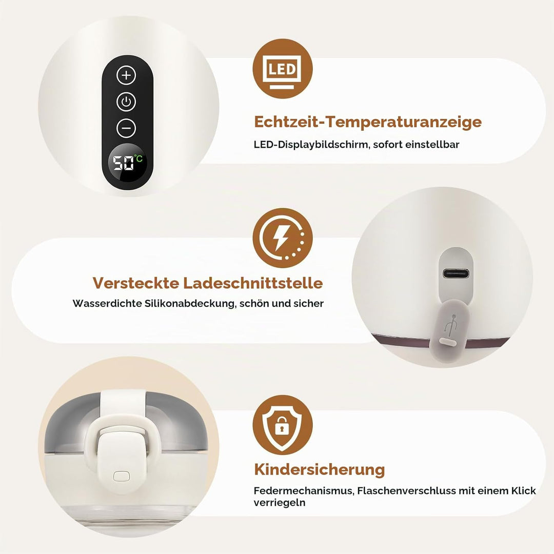 Tragbarer Babyflaschenwärmer 300ML, Auto Baby Flaschenwärmer, Einstellbare Temperatur von 37 °C bis