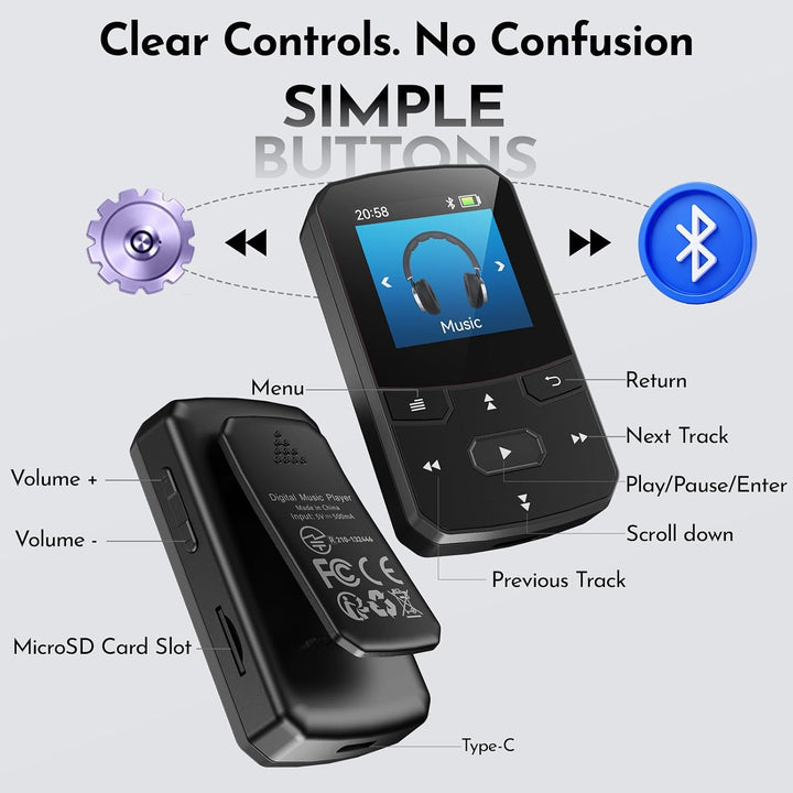 32GB MP3 Player mit Bluetooth 5.3, Clip,29g Leicht，FM Radio &amp; Blindbedienung