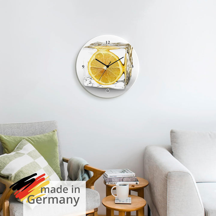 ARTLAND Wanduhr ohne Tickgeräusche Glas Quarzuhr Ø 30 cm Rund Lautlos Obst Früchte Zitrone im Eiswür