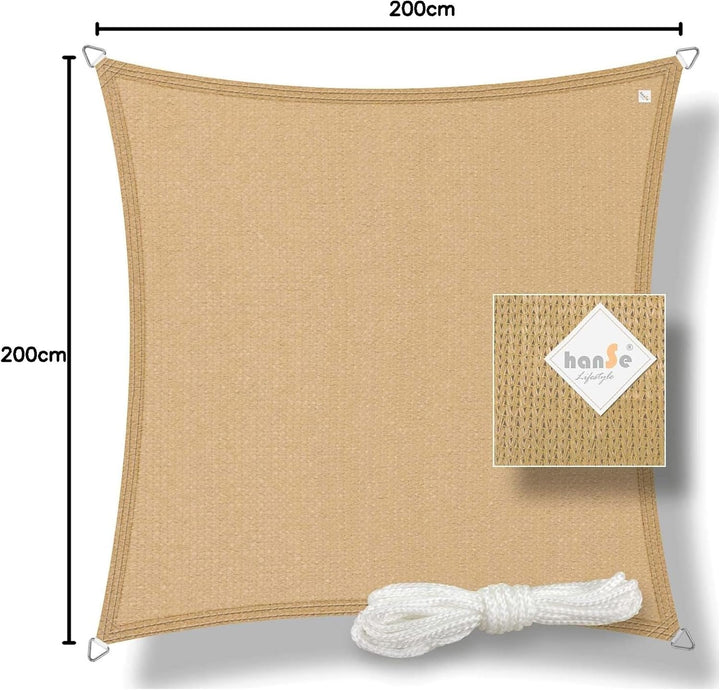 hanSe Sonnensegel quadratisch, Segeltuch Quadrat, 2x2m in Sand, aus HDPE Gewebe, wetterbeständig mit
