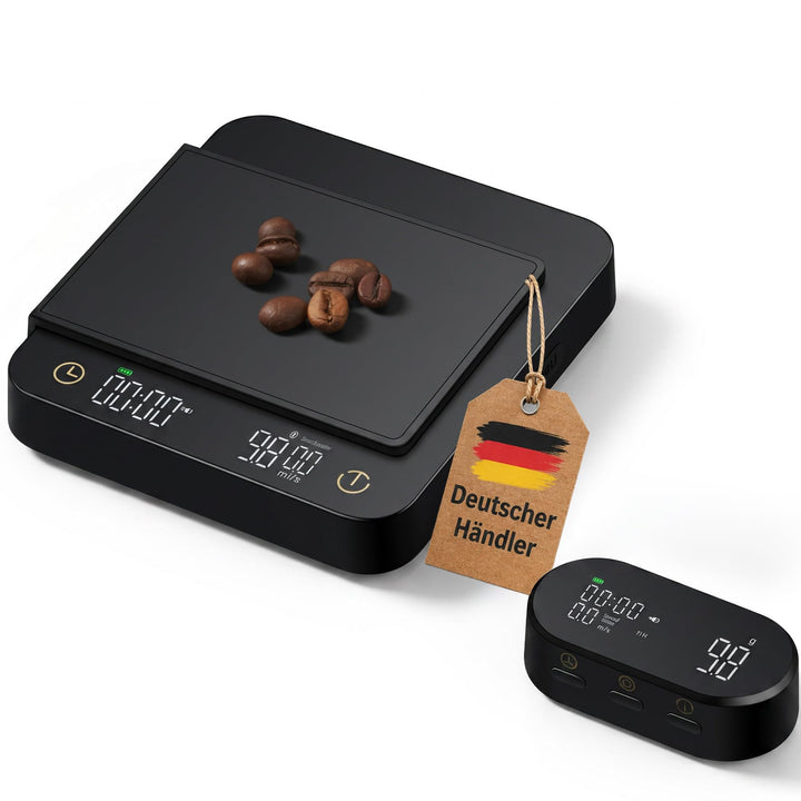 Premium Kaffeewaage mit Funk-Display &amp; Timer – Espresso Waage 0,1g / 3kg mit Flussraten-Anzeige, 5 M