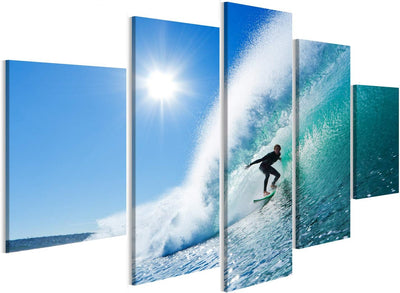 Bild auf Leinwand Surfer On Blue Ocean Wave Wandbild Poster Kunstdruck Bilder Format: 170x80cm - 5 T