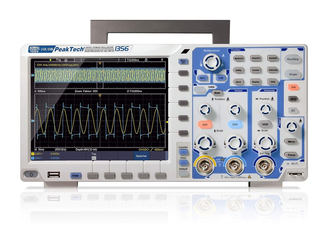 PeakTech 1356 – 2-Kanal "All-in-One" Speicher-Oszilloskop 60 MHz - Max. 1 GS/S und 12-Bit A/D - mit