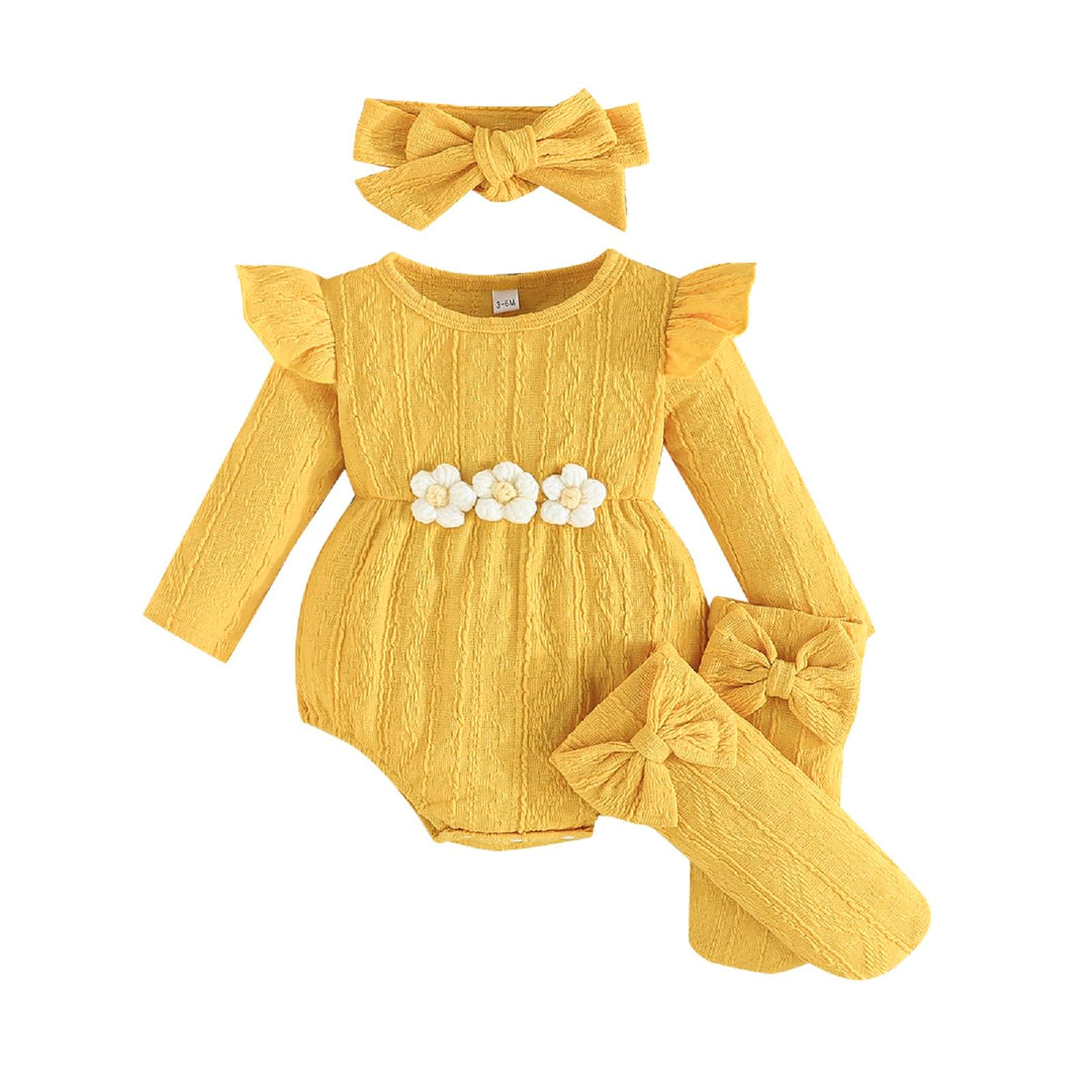 Kunyeah 3Pcs Baby Mädchen Outfits Kleinkind Ruffle Strampler Langarm Bodysuit+Bow Haarband+Socken Ne