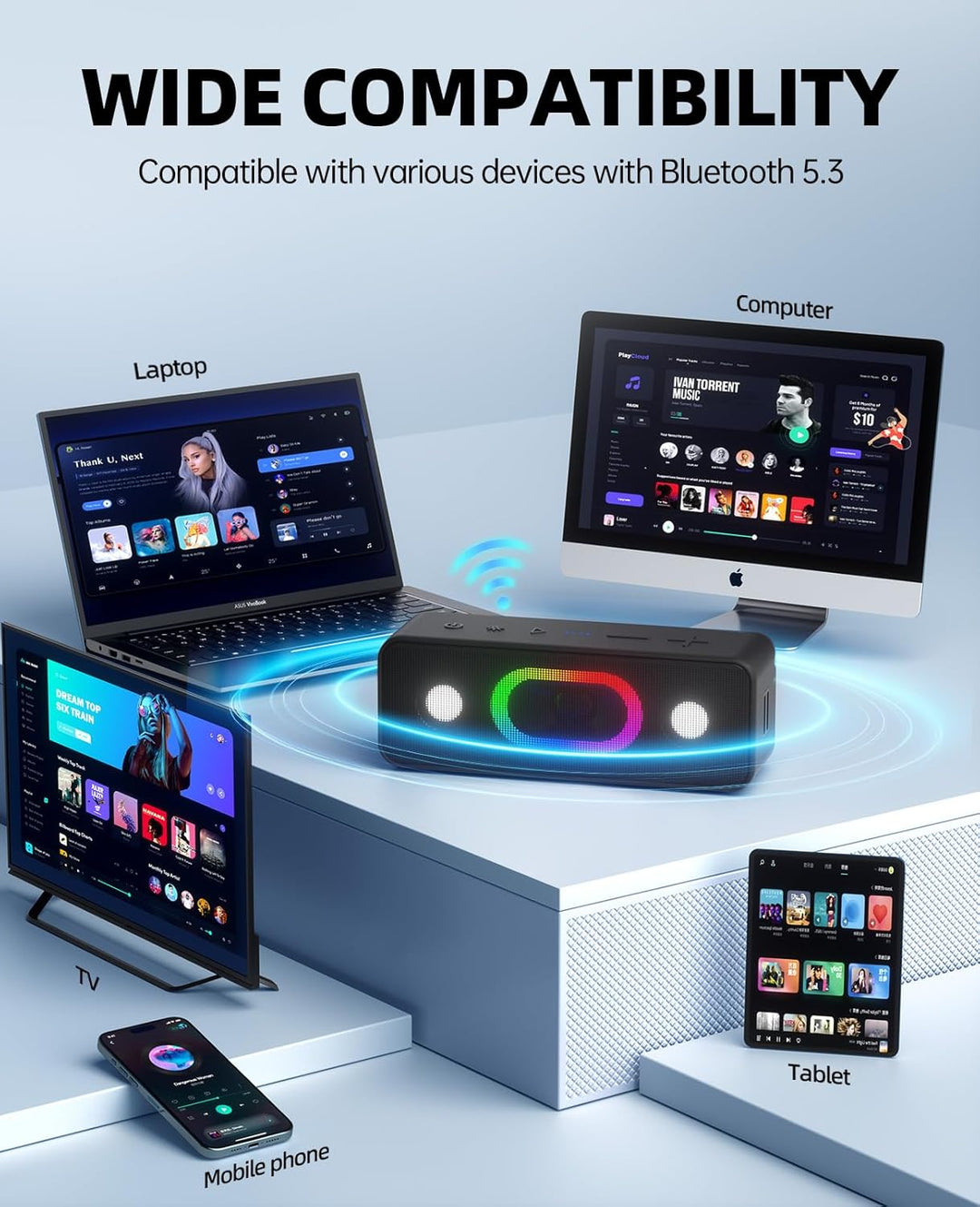 Ortizan Bluetooth Lautsprecher, Musikbox Bluetooth 5.3, Dualen Bass-Treibern, 24H Akku, 6 Lighting E