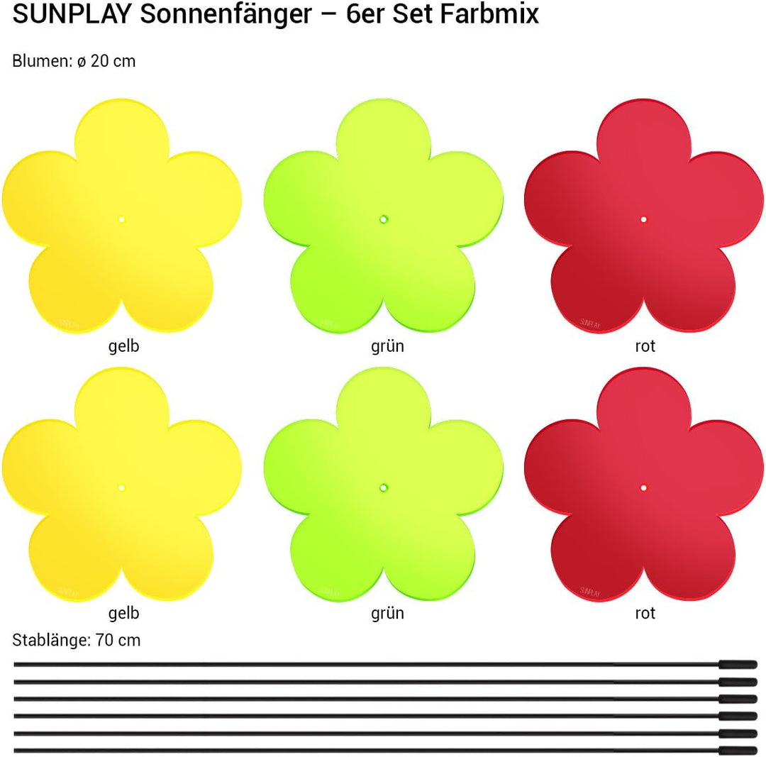 SUNPLAY "Sonnenfänger-Blumen 6er Set - 2X Gelb, 2X Grün, 2X Rot - 6 Stück zu je 20 cm Durchmesser im