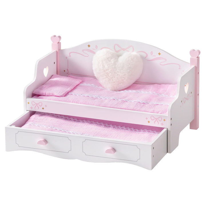 ROBUD Puppenbett & Sofa-Set für 45 cm grosse Puppen, 2-in-1 Puppen-Etagenbett Holz mit Matratze, Dec