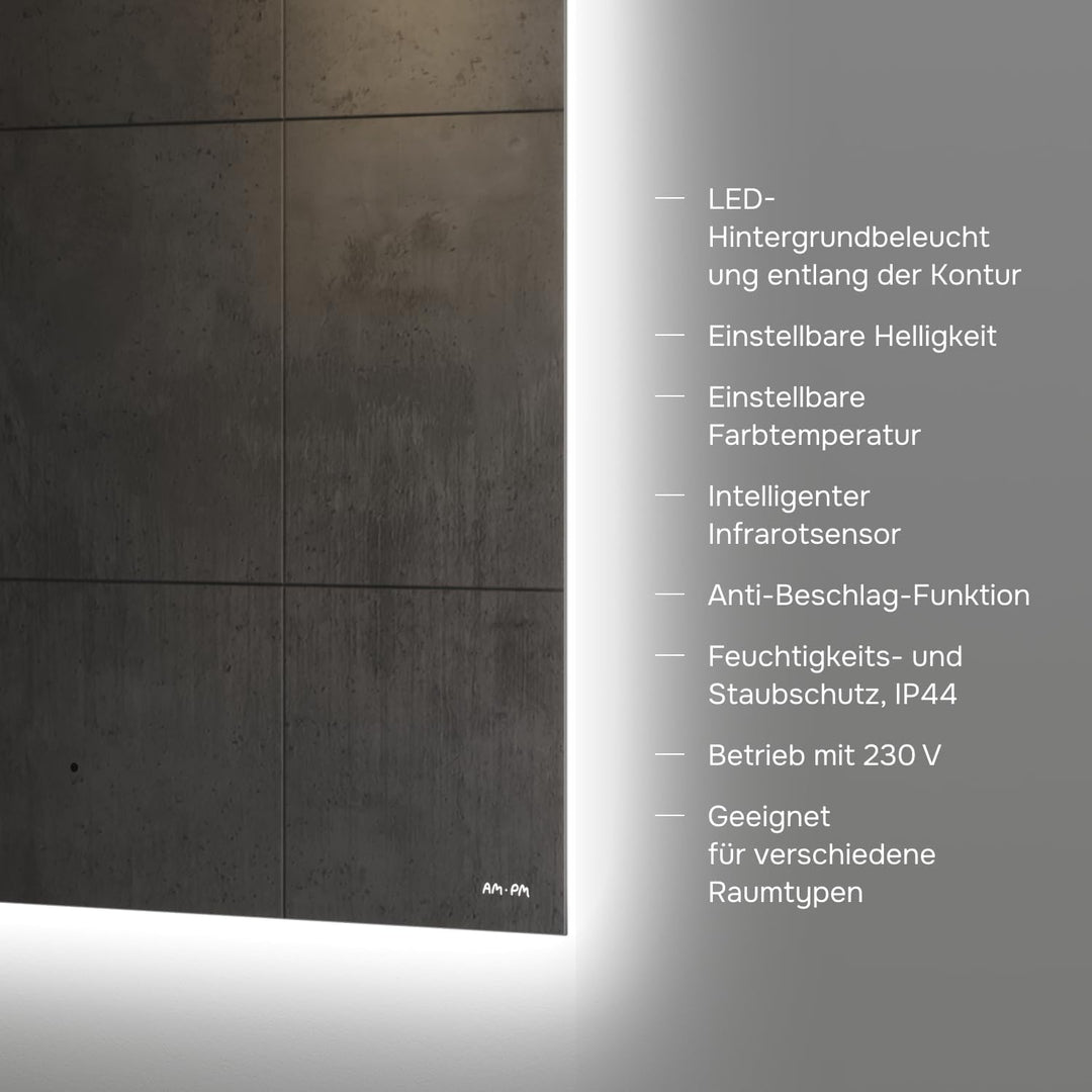 AM.PM Hit – LED Spiegel 80 x 70 cm mit Beleuchtung | Badezimmerspiegel mit LED | Spiegel mit Licht d