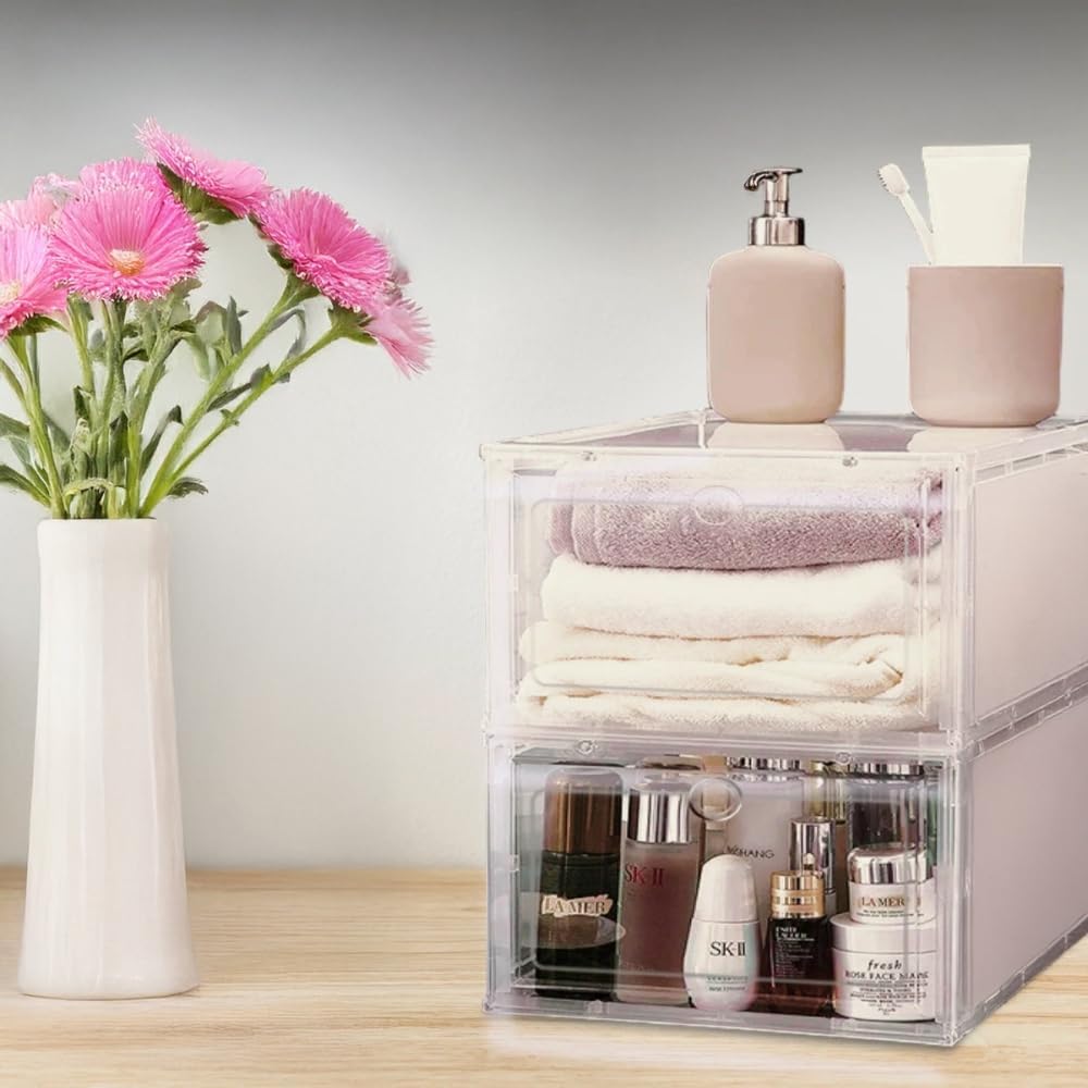 ZOLTA Schuhboxen Set 10 Stück stapelbar Aufbewahrungsboxen 33x23x14 cm Weiss mit transparenter Klapp