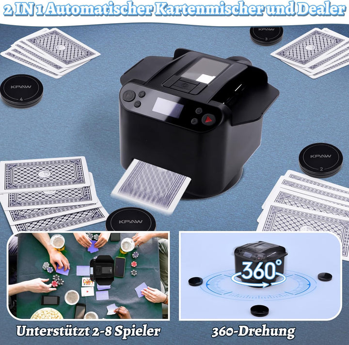 Kartenmischmaschine Elektrische, 2 in 1 Automatische Kartenmischer und Kartensender, um 360° Drehbar