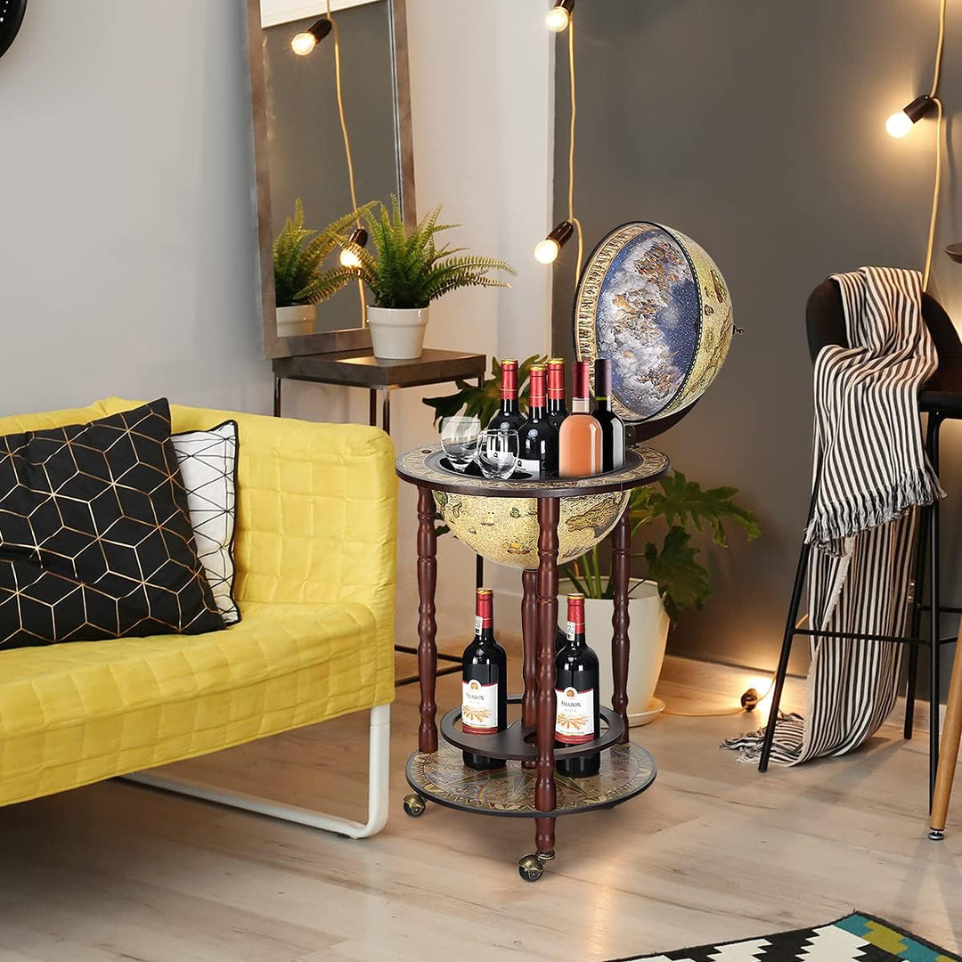 RELAX4LIFE Globusbar mit Rollen, Minibar Massivholz, Weinregal Flaschenregal mit Bodenplatte, Barwag