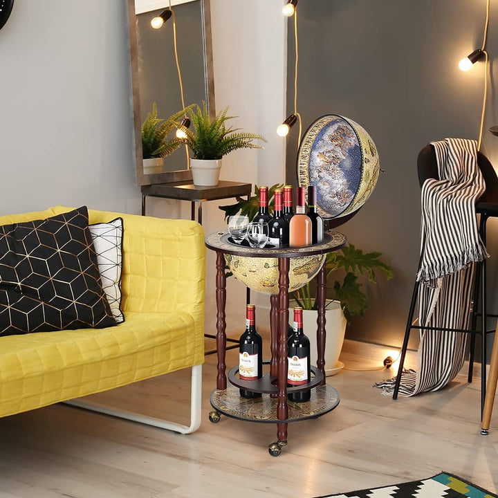 RELAX4LIFE Globusbar mit Rollen, Minibar Massivholz, Weinregal Flaschenregal mit Bodenplatte, Barwag