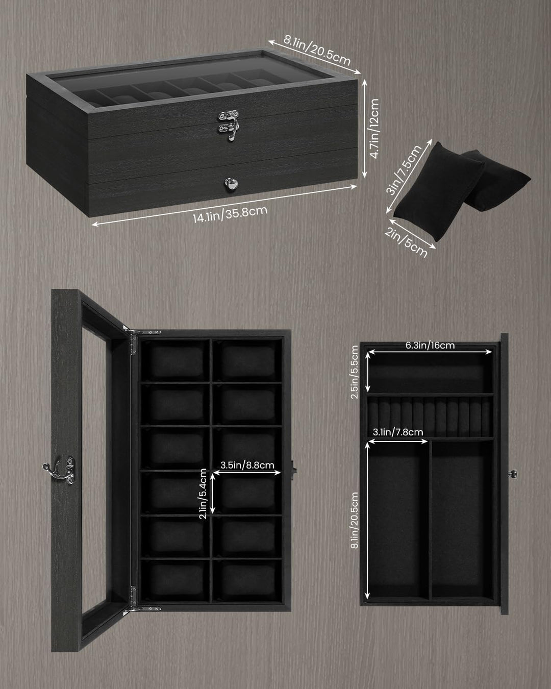Uten Uhrenbox mit 12 Fächern, 2 Ebenen Uhrenkasten aus Massivholz mit Glasdeckel, Uhrenkissen Seiden