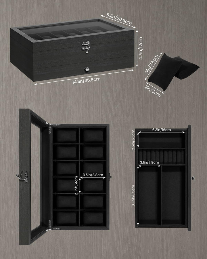 Uten Uhrenbox mit 12 Fächern, 2 Ebenen Uhrenkasten aus Massivholz mit Glasdeckel, Uhrenkissen Seiden