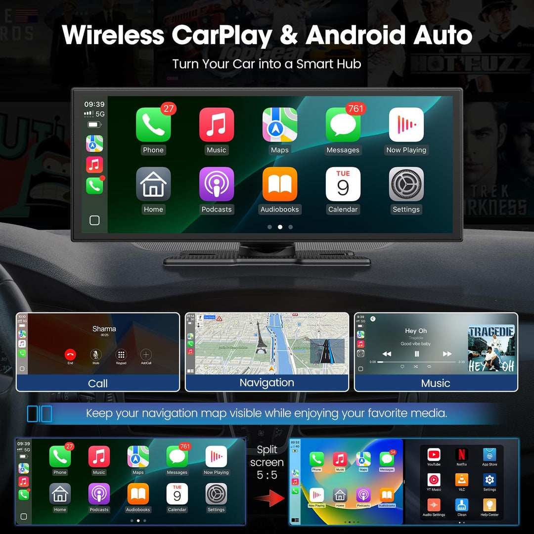 LAMTTO Carplay Netflix YouTube TikTok, 10,25'' Wireless A-pple CarPlay Bildschirm Android Auto Displ