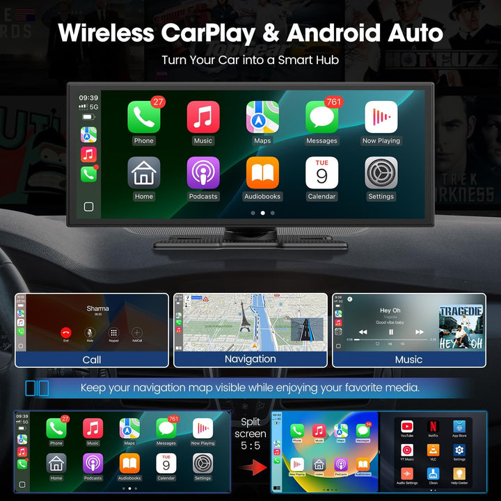 LAMTTO Carplay Netflix YouTube TikTok, 10,25'' Wireless A-pple CarPlay Bildschirm Android Auto Displ