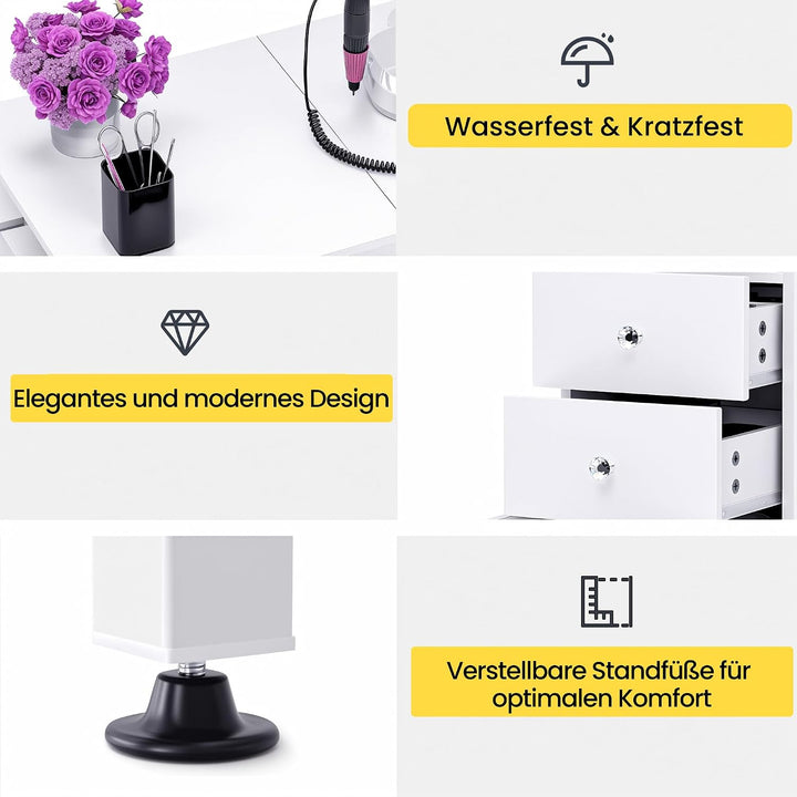 Klappbarer Nageltisch mit Staubabsaugung & LED-Lampe, Mobiler Manikürtisch auf Rollen mit 3 Schublad