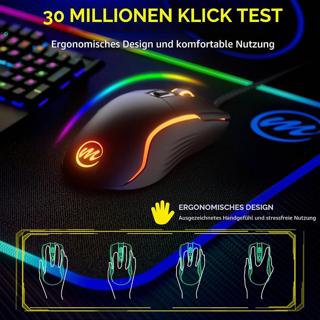 memzuoix Gaming Maus mit Kabel und LED-Lichtern – 12.800 DPI einstellbar, 6 Tasten, 12 RGB-Modi, Erg