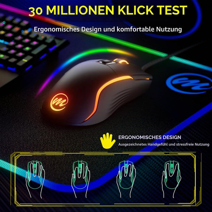 memzuoix Gaming Maus mit Kabel und LED-Lichtern – 12.800 DPI einstellbar, 6 Tasten, 12 RGB-Modi, Erg