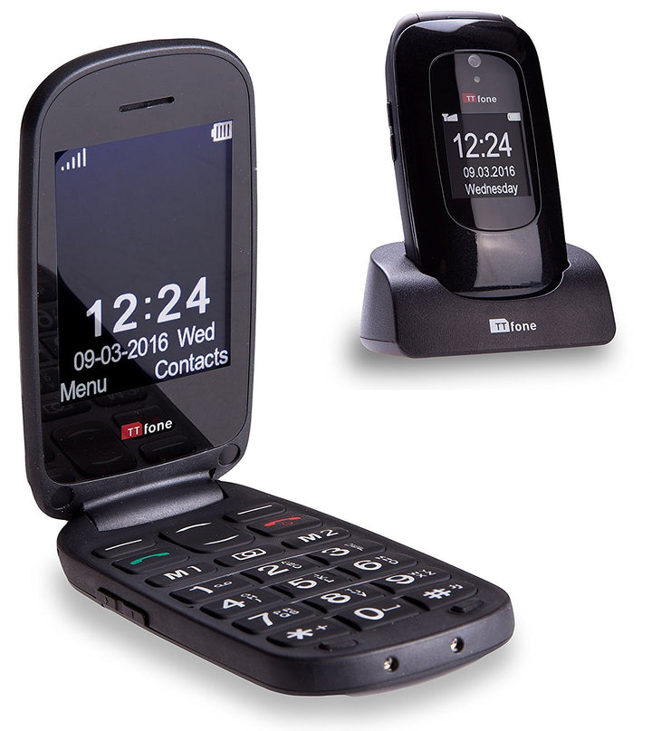 TTfone Lunar grosse Tasten unkompliziert Simlock-frei Klapp-Design Mobiltelefon (Schwarz) Black, Bla