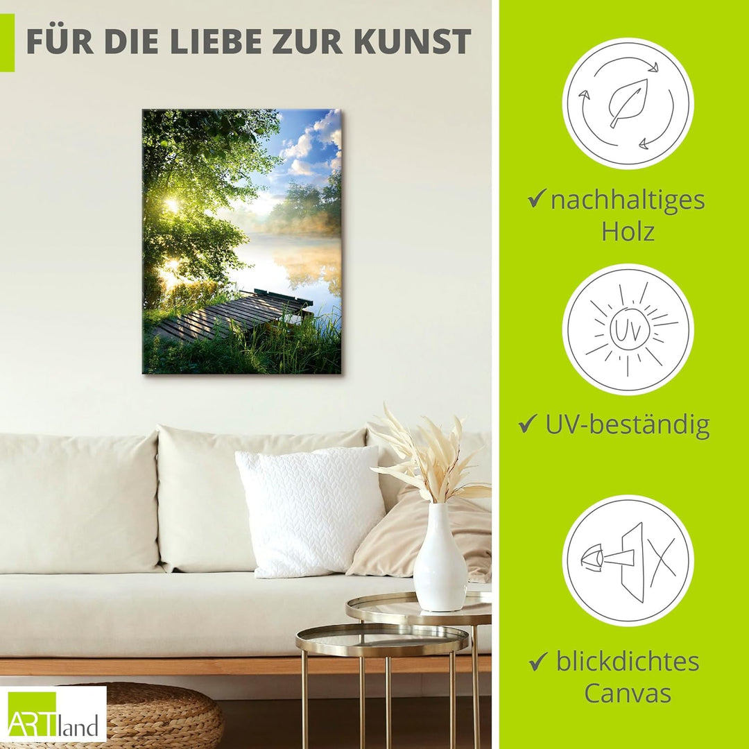 ARTland Leinwandbilder Wandbild Bild Leinwand 60x80 cm Natur Landschaft Wald Baum See Steg Sommer So